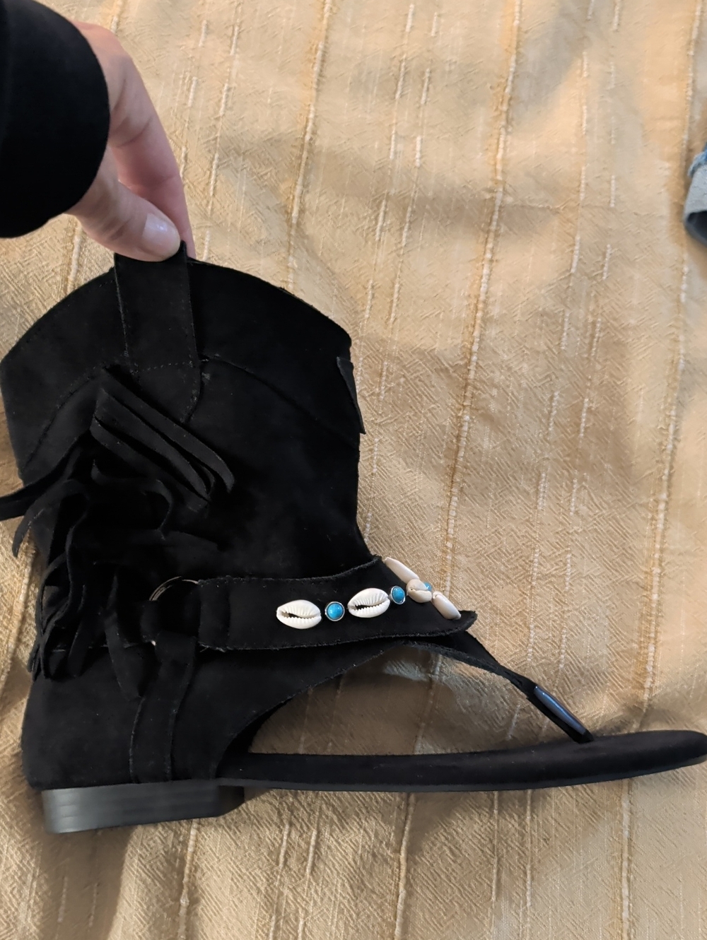 Black Suede Fringe Sandal with Shell & Turquoise Accents With Black Silk Tank